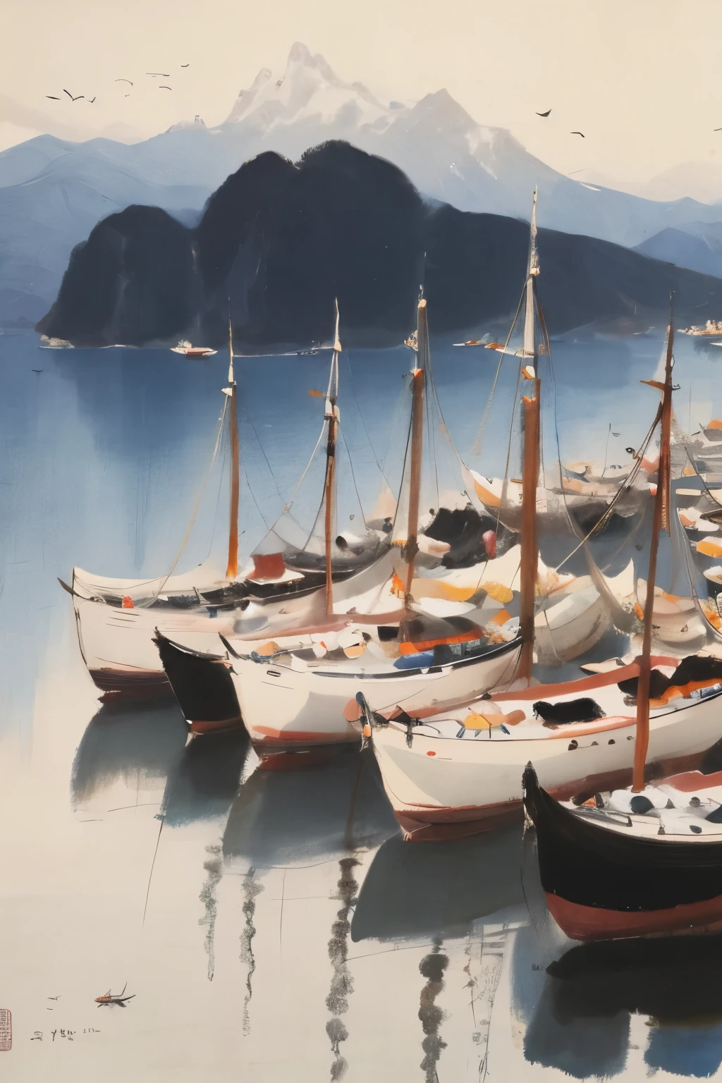 wu,yijing,watercraft,boat,ship,no humans,water,branches,Ink wash painting,pure,mountain,