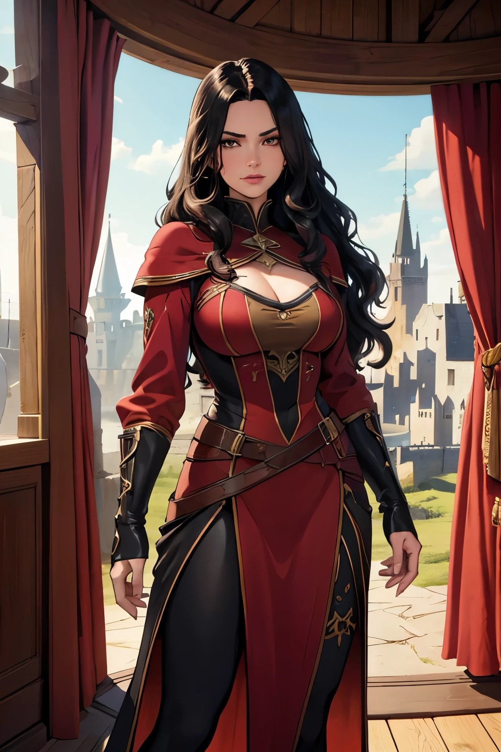 A beautiful young woman with long black wavy hair, wearing a black and red medieval adventurer outfit with leggings and high boots, standing in a castle interior, elegant and confident expression, (best quality,4k,8k,highres,masterpiece:1.2),ultra-detailed,(realistic,photorealistic,photo-realistic:1.37),HDR,UHD,studio lighting,ultra-fine painting,sharp focus,physically-based rendering,extreme detail description,professional,vivid colors,fantasy,medieval,castle,adventure