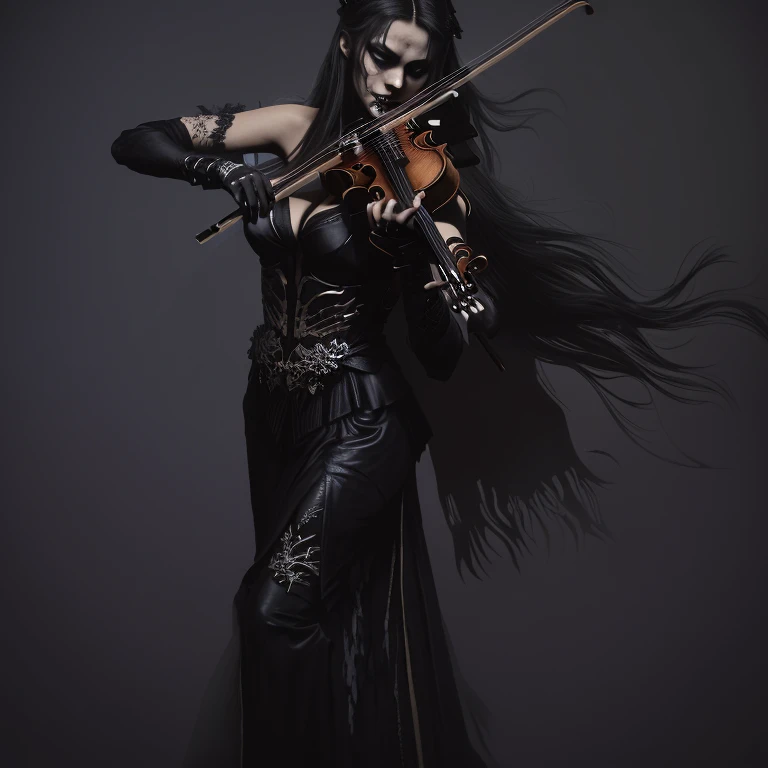 a woman with a violin in her hands and a blood splatter on her face, just art for dark metal music, in style of dark fantasy art, dark fantasy style art, dark fantasy art, gothic fantasy art, goddess of death, fantasy dark art, dark fantasy mixed with realism, dark fantasy horror art, horror fantasy art, gothic maiden of the dark, gothic maiden