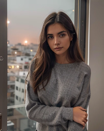 photograph of a 20 year old woman, cara perfecta, parte maestra, gray long sleeve sweater, rosa underwear, rosa_bragas, session, sala de estar, luz de la ventana, 85mm, F1.4, destacar, luz clave en el cabello, fondo del horizonte de la ciudad, Noche