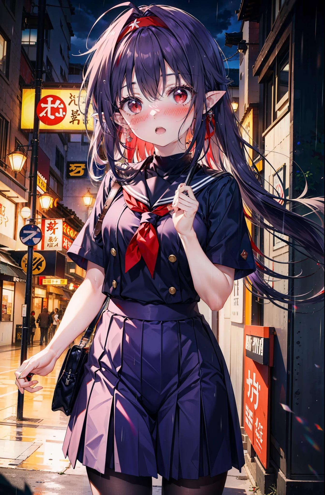 yuukikonno, Yuki Konno, hair band, Long Hair, Pointy Ears, Purple Hair,blush, Embarrassing,(Red eyes:1.5), (Small breasts:1.2), Open your mouth, uniform(Black sailor suit),Short sleeve,Black pleated skirt,black tights,Brown Loafers,rain,cloudy,umbrella,whole bodyがイラストに入るように,
break looking at viewer,  whole body,Upper Body,(Cowboy Shot:1. 5)
break outdoors, city,Building Street,
break (masterpiece:1.2), highest quality, High resolution, unity 8k wallpaper, (shape:0.8), (Fine and beautiful eyes:1.6), Highly detailed face, Perfect lighting, Highly detailed CG, (Perfect hands, Perfect Anatomy),