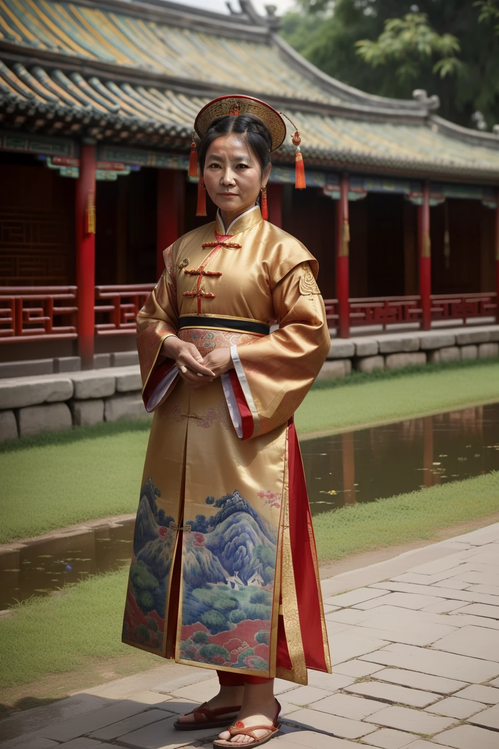 China, 1510. An old ((((49-year-old)) Tan Yunxian)), in a festival, ((((chinese clothings from the 1510s)))), ((hairstyle of the 1510s)), ((colorful, Monet))