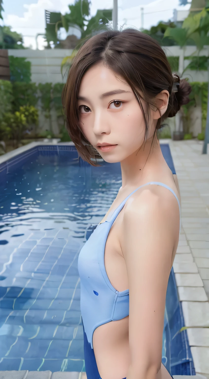 highest quality, RAW Photos, Realistic, face, Incredibly beautiful girl, cute, length Hair,ponytail,Glasses,Written boundary depth, High resolution, Super detailed, detailed, Very detaileded, extremely detaileded eye and face, Sharp pupils, Realistic students, Sharp focus, Cinema Lighting, Japanese, Short Woman, Physical build, Short arms, length, Narrow eyes, Fleeting atmosphere, 30 years old, Brown bob hair, ((thin lips)), White top and bottom underwear, masterpiece, highest quality, Detailed skin, Detailed face, fine grain, 8k, Excellent anatomy, Upper body portrait,flat breasts, small breasts, small,( small bust: 1.2), small bust, (slim, small, flat, small), thin, Delicate and sexy collarbone, One Girl, (beautiful girl, Delicate girl:1.3), ( years old:1.3),
break, (One Piece Swimwear, Swimwear:1.2),
break, (Pool:1.3),
break, Very beautiful eyes, (Symmetrical eyes:1.3),
break, , Brown eyes, Parted bangs, Brown Hair, (Upper teeth, The best smile:0.2),
break, (Eyes and face detail:1.0),
break, (masterpiece, highest quality, Super detailed, Detailed face, 8k)