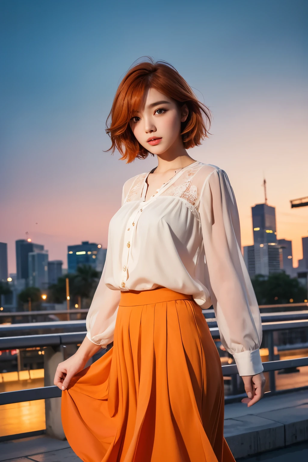 whole body、Friendly faces、1 pretty girl、blouse、skirt、pedestrian bridge、skyscraper、sunset、complex background、detailed hair、light orange hair、dim lighting、short hair length、There is movement