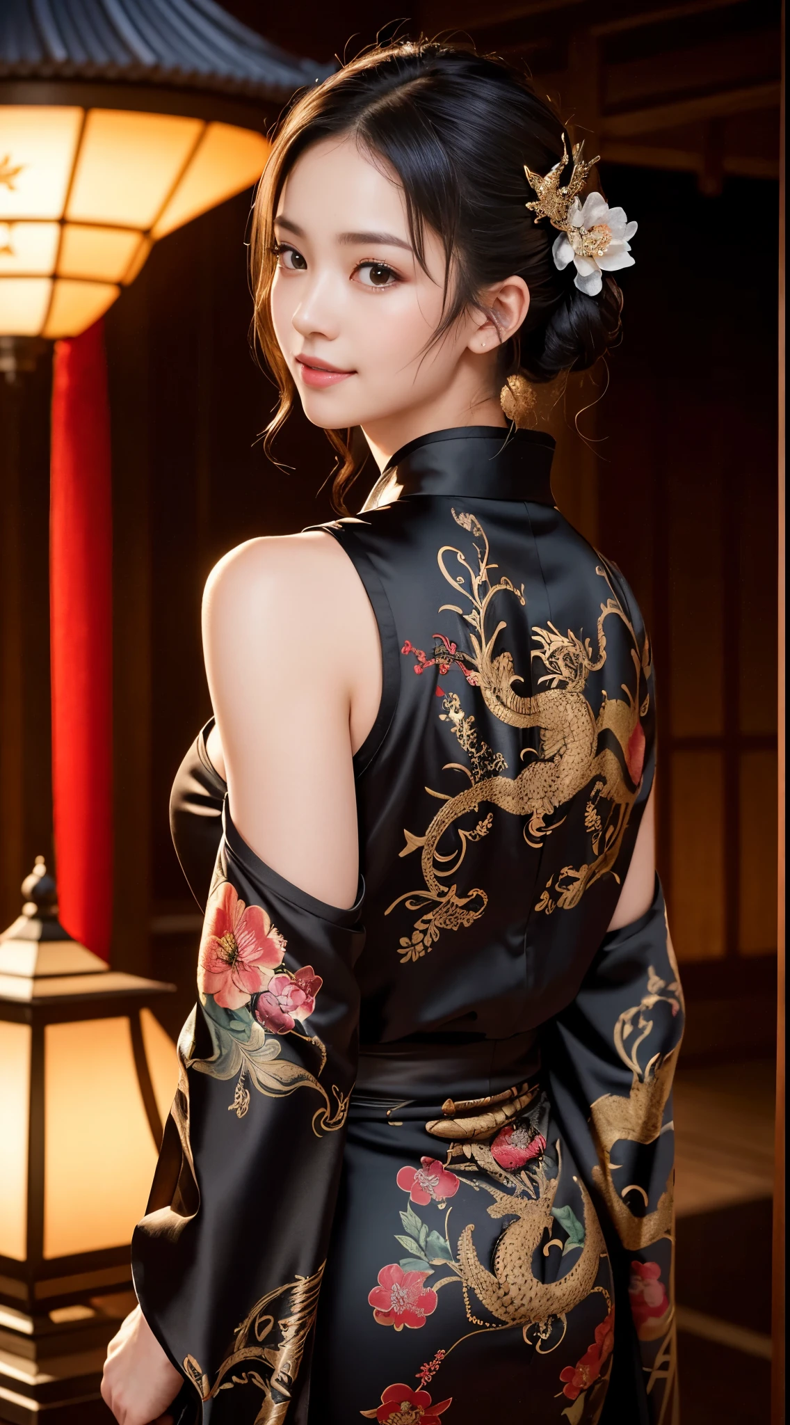 8K Ultra HD, Digital SLR,Film Grain, Fujifilm XT3,(highest quality:1.3), (masterpiece:1.1), High resolution, Cinematic Light, Intricate details, (Realistic) (Night view) Realistic backlight、Dramatic red toned light、Beautiful Japanese Geisha full body photo, ((Facial texture Pore details)), Grin、Devilish smile, Simple messy hairstyle, She is wearing a black satin kimono decorated with a traditional dragon motif., Open shoulders, Colorful dragon tattoos all over the body, Has a long sword blade, Holding a long-bladed Japan sword,Inside a traditional villa, 8k, Foreground Bokeh