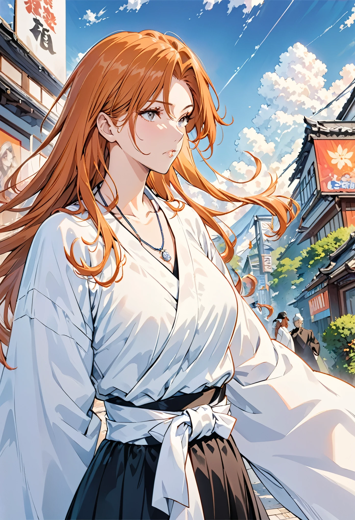 (masterpiece, best quality:1.2),
matsumoto rangiku,matsumoto rangiku (bleach),bleach,black hakama,tensa zangetsu (bankai),
A shot with tension,(Visual impact,giving the poster a dynamic and visually striking appearance:1.2),impactful picture,
(masterpiece, best quality:1.2),offcial art,colorful,movie perspective,advertising style,magazine cover,
very aesthetic,illustration,disheveled hair,perfect composition,moist skin,intricate details,
matsumoto rangiku,1girl,solo,long hair,orange hair,mole under mouth,necklace,wide sleeves,white sash,