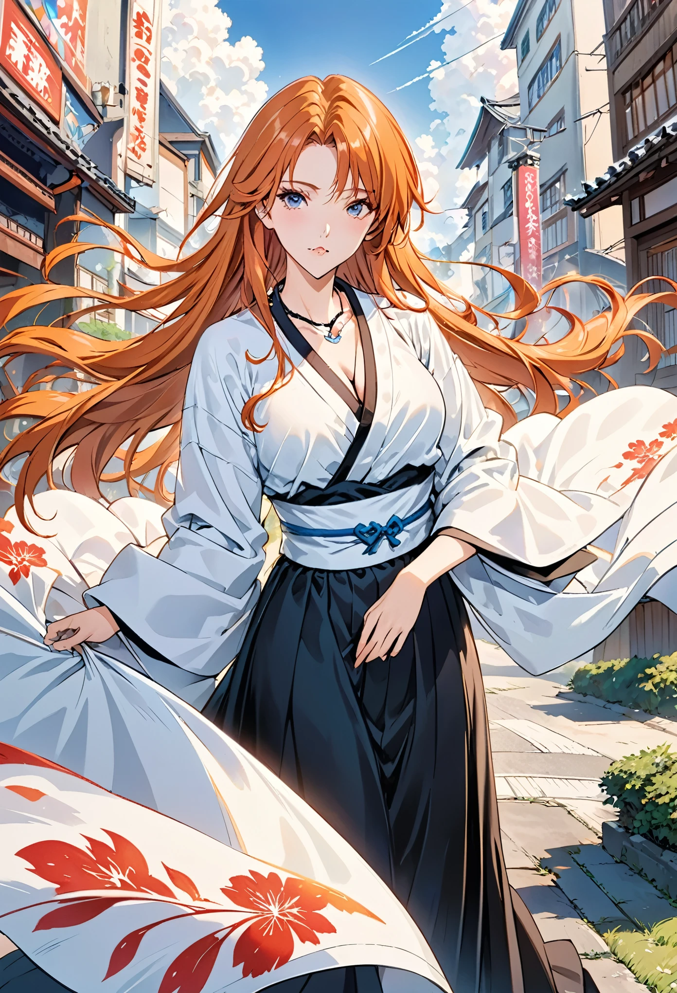 (masterpiece, best quality:1.2),
matsumoto rangiku,matsumoto rangiku (bleach),bleach,black hakama,tensa zangetsu (bankai),
A shot with tension,(Visual impact,giving the poster a dynamic and visually striking appearance:1.2),impactful picture,
(masterpiece, best quality:1.2),offcial art,colorful,movie perspective,advertising style,magazine cover,
very aesthetic,illustration,disheveled hair,perfect composition,moist skin,intricate details,
matsumoto rangiku,1girl,solo,long hair,orange hair,mole under mouth,necklace,wide sleeves,white sash,