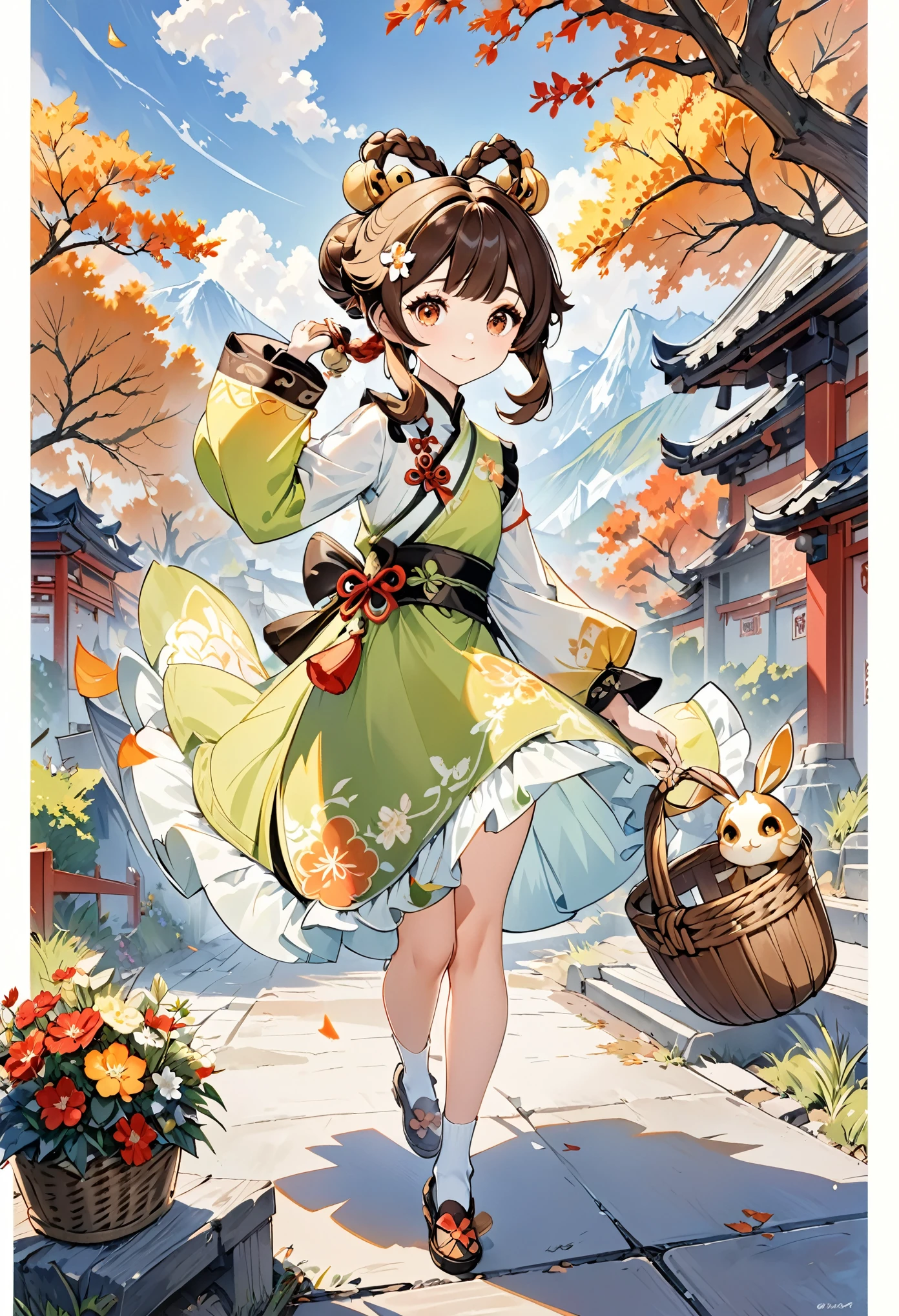Yaoyao_(genshin_impact),
Yaoyao (genshin impact),
1girl,bell,hair ornament,smile,bangs,basket,brown hair,braid,looking at viewer,chinese clothes,long sleeves,dress,blunt bangs,jingle bell,sidelocks,solo,brown eyes,orange eyes,hair bell,
A shot with tension,(Visual impact,giving the poster a dynamic and visually striking appearance:1.2),impactful picture,(full body:1.3),
(masterpiece, best quality:1.2),offcial art,colorful,splash of color,movie perspective,advertising style,magazine cover,