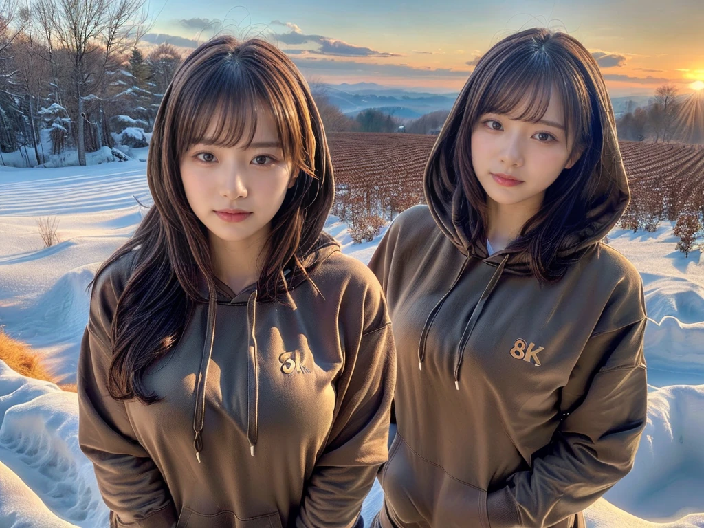 ((top-quality、8K、masterpiece:1.3))、1girl in、Beautiful woman standing on snowy mountain:1.3、(brown long-haired、Colossal tits:1.4)、(Big Silhouette M51 Field Hoodie:1.5)、Super delicate face、Delicat eyes、double eyelid、Close-up of upper body from below、Sunset、