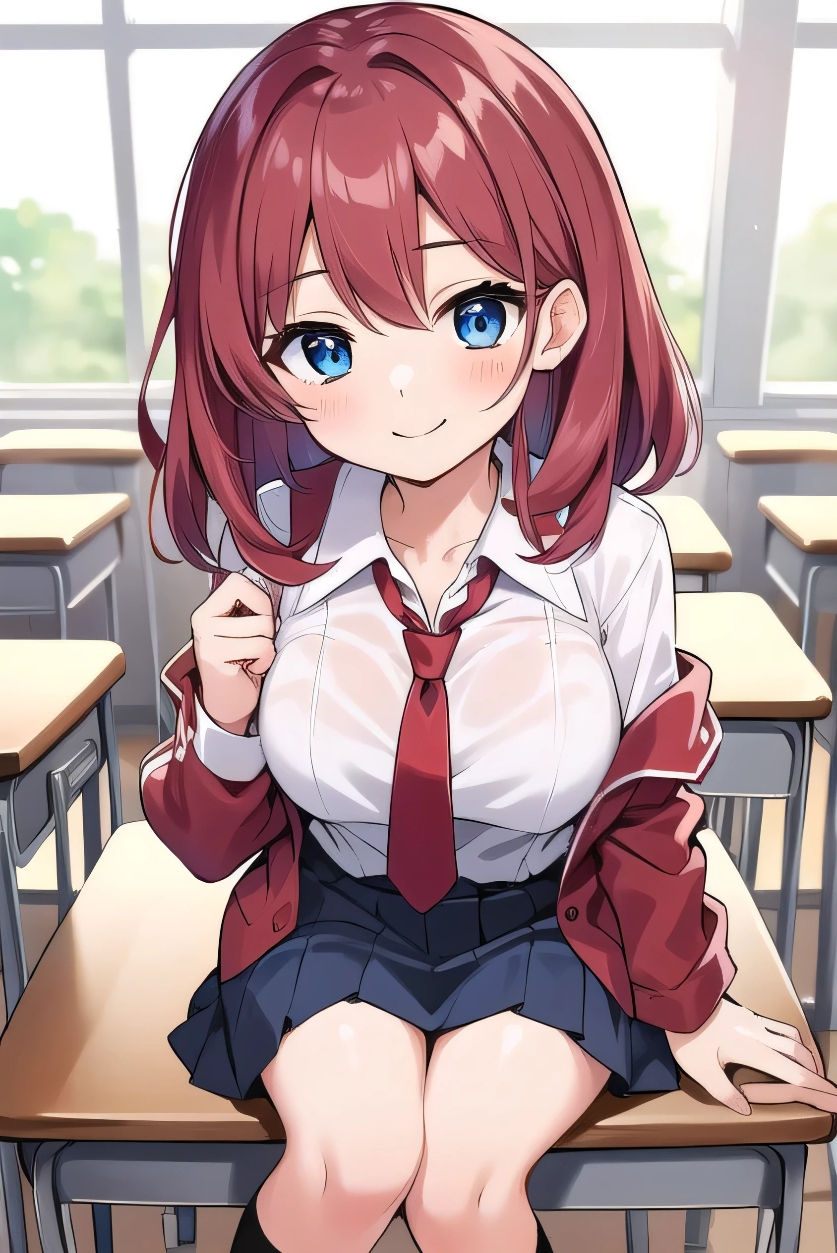 Big breasts, red hair, blue eyes, droopy eyes, red jacket, long sleeves, navy skirt, elementary school student, super big breasts, (medium hair: 1.2), baggy clothes, elementary school student, young face, short height, , old, shy A shy guy, smiling a little, in the classroom, trying to open the buttons of his shirt, white shirt, red tie,straight hair