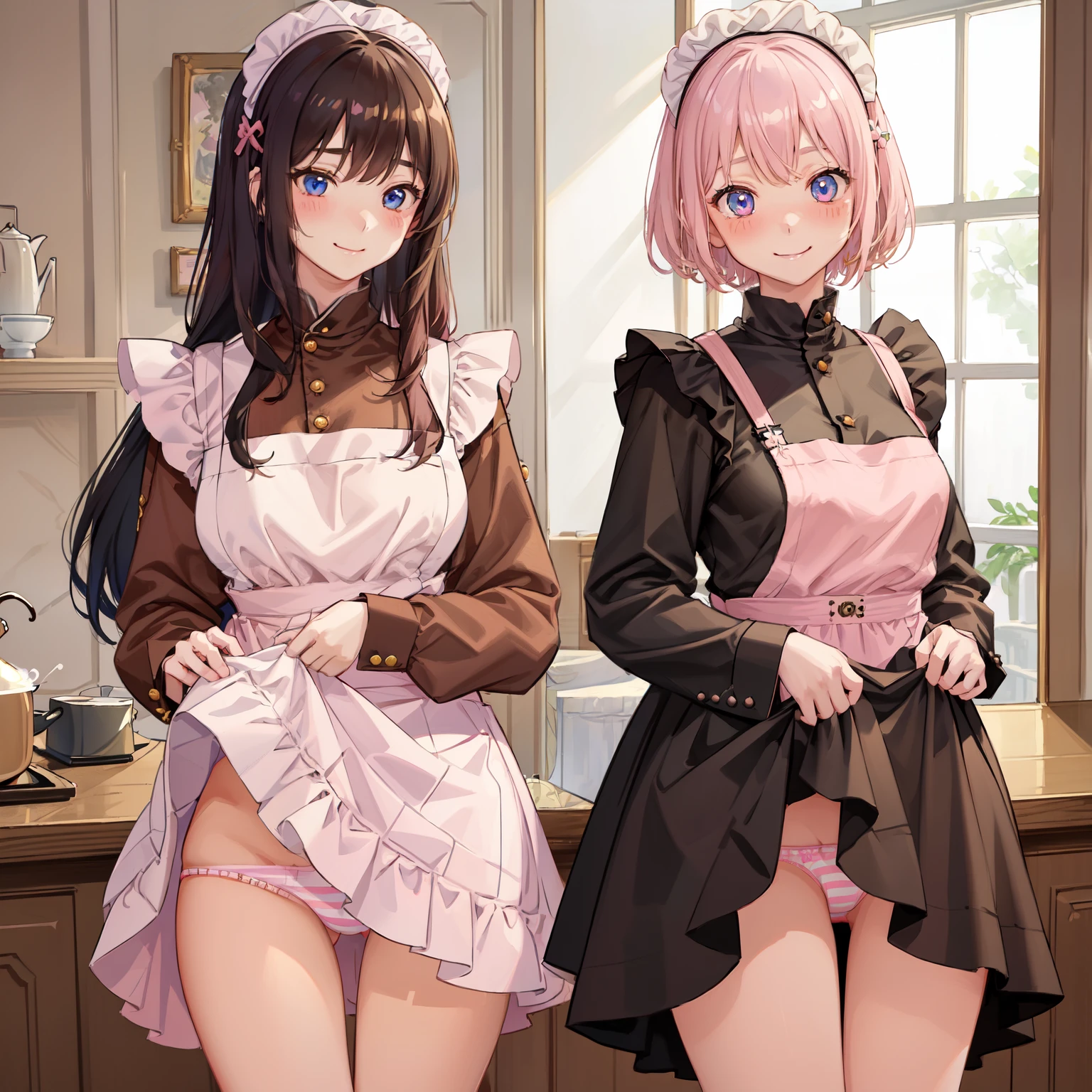 highest quality、masterpiece、((2 girls:1.5))、((smile:1.3))、(blush:1.3)、Black Shirt、blouse、((fun!!))、(Small breasts)、()、Blonde、(Long sleeve)、((White apron:1.5))、((Maid))、((hair ornaments)),、Kamimei、look at me、 ((in house:1.5))、 Taking a break from watching the audience、Cowboy Shot、(Skirt lift:1.3),(Highly detailed pink striped panties:1.3)、(Highly detailed panties:1.3)、、(スカート that rolls up:1.3)、(Panties fully exposed:1.5)、Light blue eyes、long hair、Glowing Eyes
