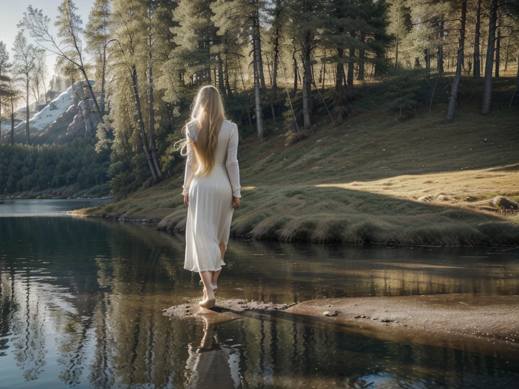 (((a beautiful 30-year-old Scandinavian woman walking in front of a lake))). (backwards). (seductive body)(toned)((super long hair)), (hair down to the butt)((very long hair))((blonde)), ((perfect figure))(white skin)((cold)). shores of the Lake.(Mountain landscape)(huge lake).((Perspective from height))((long light dress))(light dress)(fresh).(seductive).((8K, intricate details, realistic.) )sweden landscape..(light flashes).(sunlight effects).walking on the shores of the lake. walk.