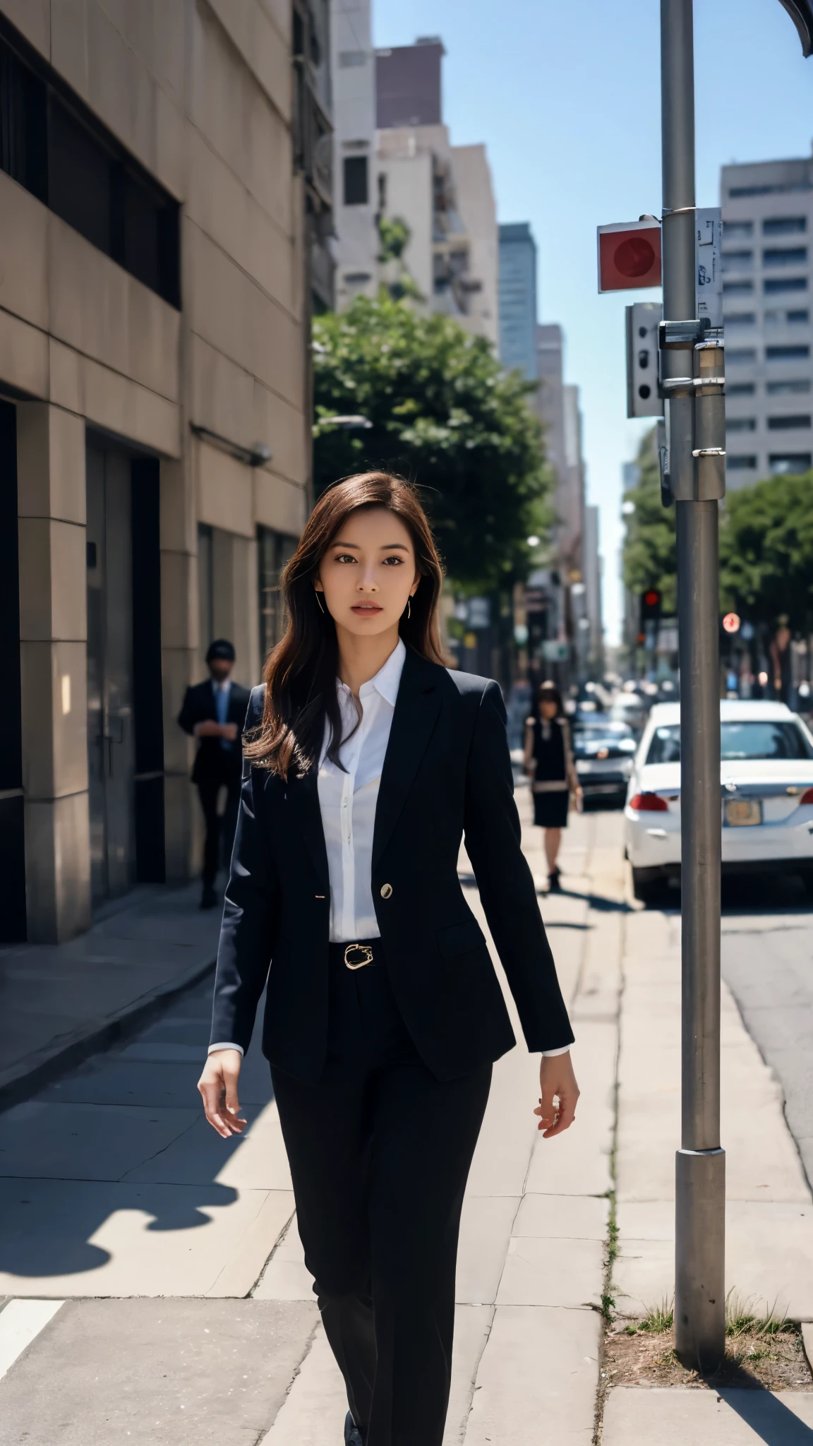(8k, RAW Photos, highest quality, masterpiece: 1.2), (Realistic, photoRealistic: 1.37), 1 Woman in a suit standing on the sidewalk, Cityscape, Day, Sunny Morning, Professional Lighting, Photon Mapping, Radio City, Brazilian Women, Torn, shirt, Woman in a suit, Silk Suit