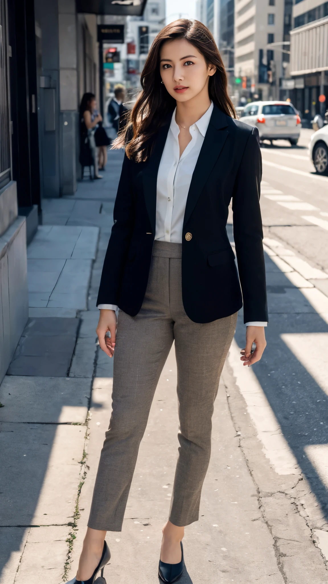 (8k, RAW Photos, highest quality, masterpiece: 1.2), (Realistic, photoRealistic: 1.37), 1 Woman in a suit standing on the sidewalk, Cityscape, Day, Sunny Morning, Professional Lighting, Photon Mapping, Radio City, Brazilian Women, Torn, shirt, Woman in a suit, Silk Suit