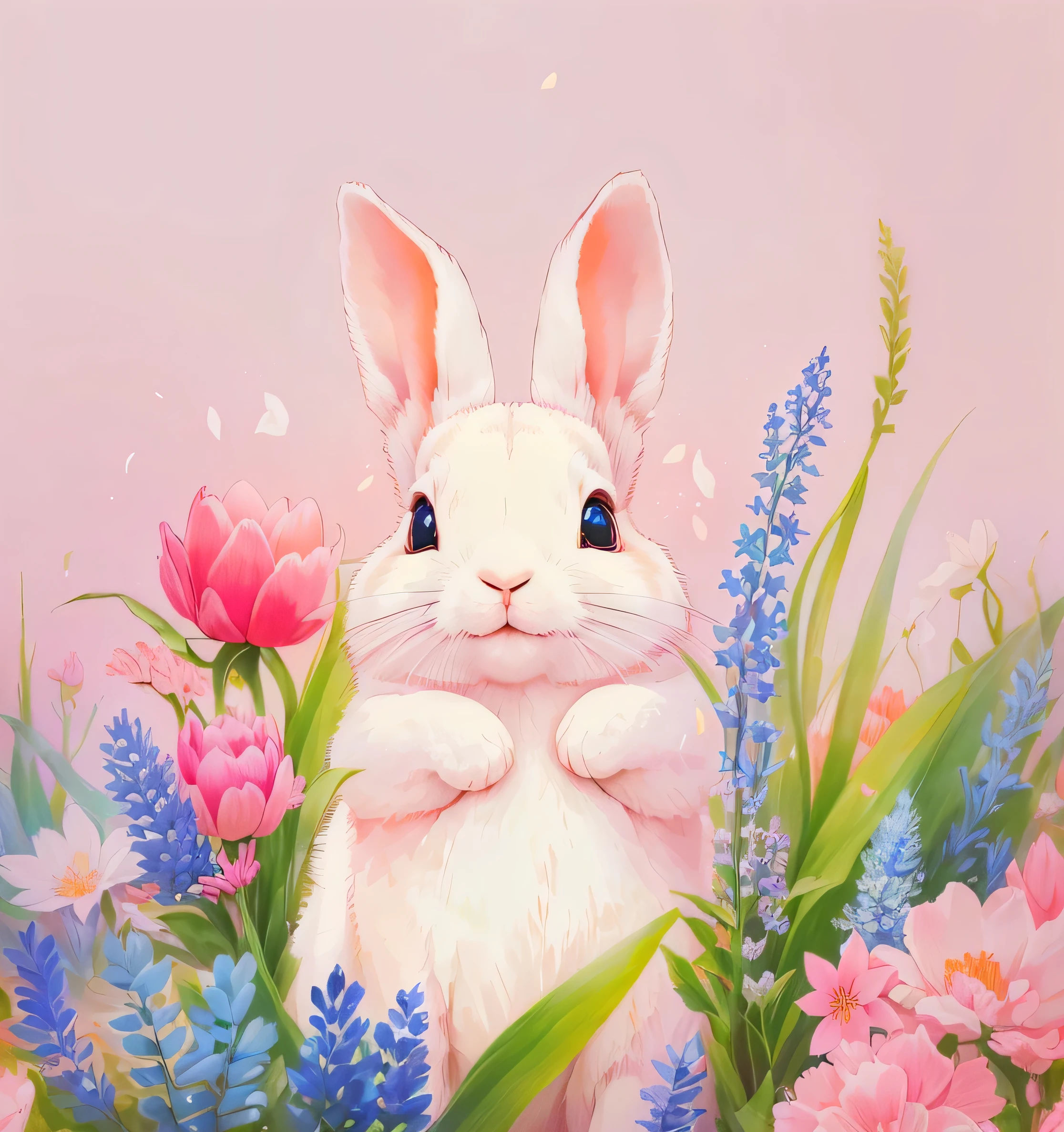 spring, A beautiful artistic illustration, There is a rabbit in the flowers，Cute and adorable with a smile，blue eyes，Dopamine color matching，Oil painting texture color matching adds red and orange color contrast in strong points and light and dark in strong points