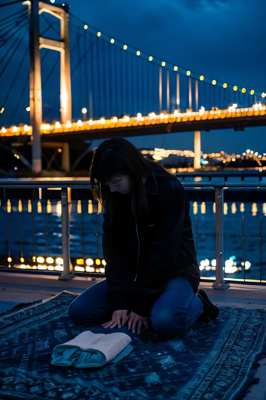 In a night scene in blue tones, a person wearing dark clothes is seen prostrating on a prayer rug on the edge of a bridge in Istanbul, with a view of the city and the bridge extending over the water in the background.