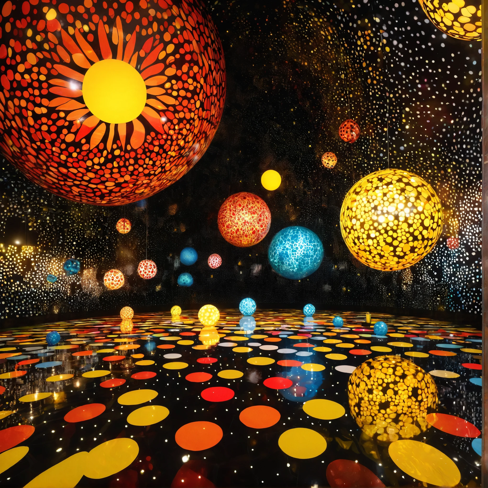 a still from a digital art video visual interpretation of here comes the sun by the beatles, blending the 2d art paitning styles of Kusama and Mat Collishaw equally, large scale abstract detailed environment for a visual show at the las vegas sphere