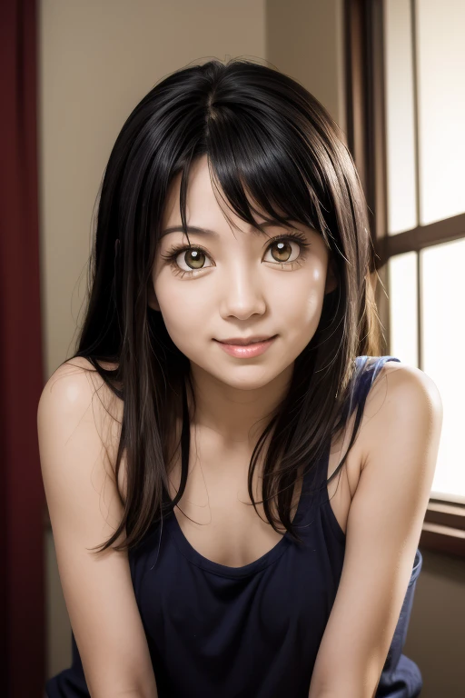 seductive smile, masterpiece, mieruko, miko yotsuya, wearing black tanktop, armpits, armpits visible, dark blue hair, yellow eyes, mature woman