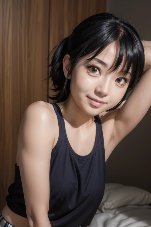 seductive smile, masterpiece, mieruko, miko yotsuya, wearing black tanktop, armpits, armpits visible, dark blue hair, yellow eyes, mature woman