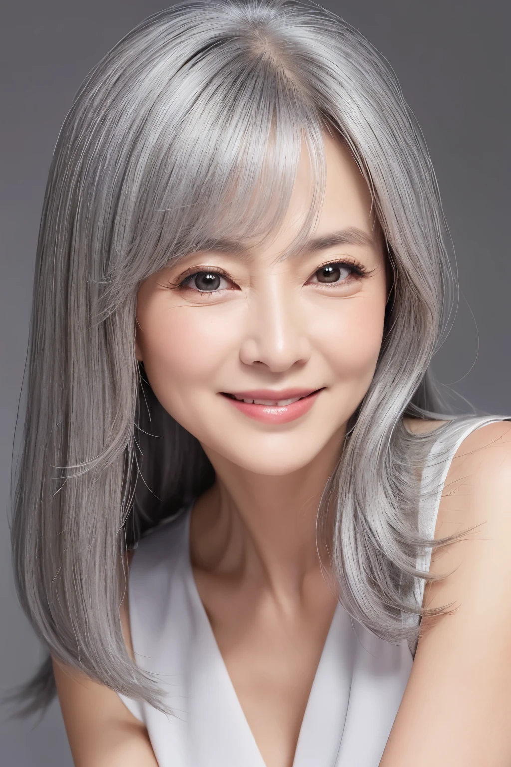 62 years old。smile、Your eyes are sparkling、Gray Hair、upper class、dignity、haute couture、