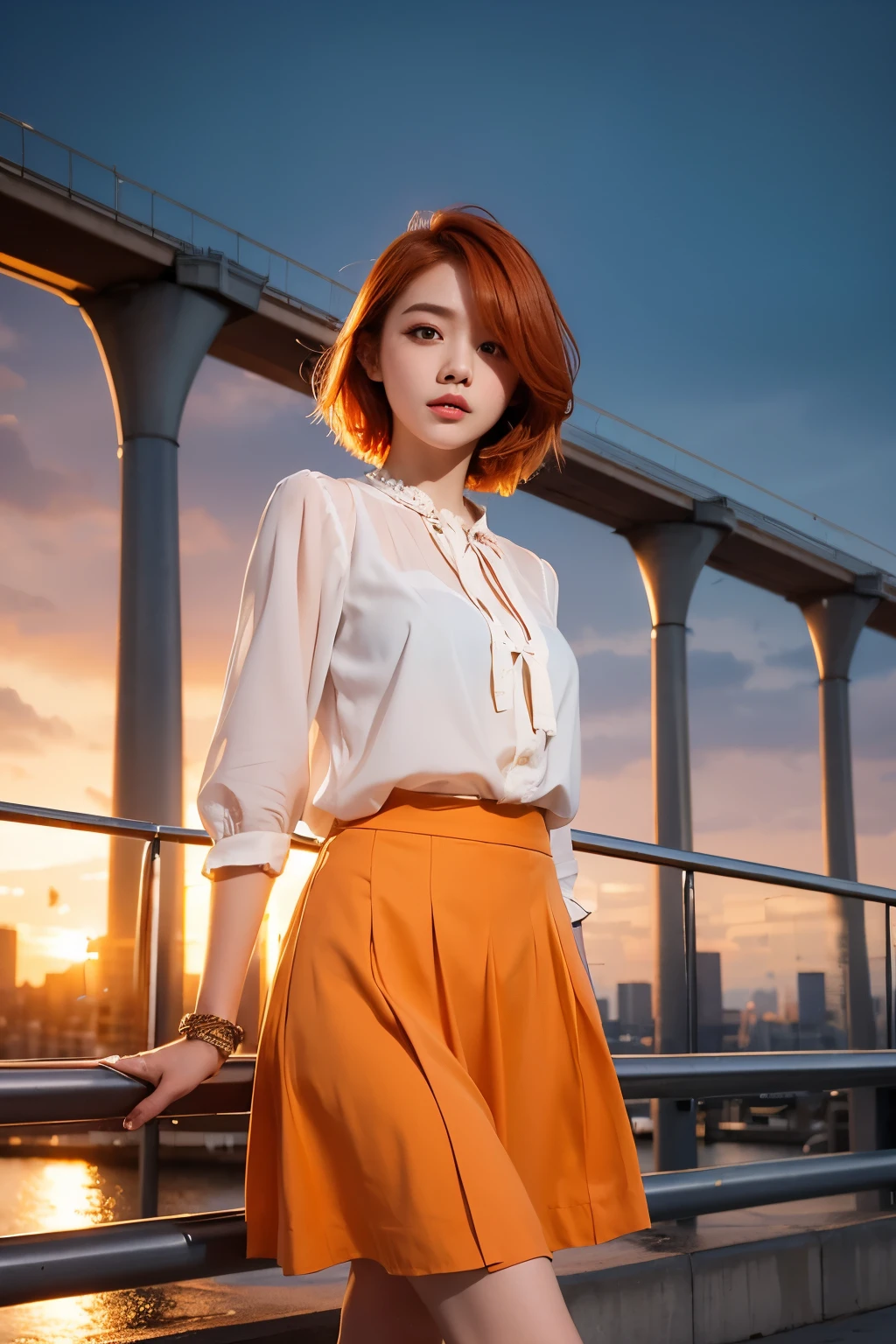 whole body、Friendly faces、1 pretty girl、blouse、skirt、pedestrian bridge、skyscraper、sunset、complex background、detailed hair、light orange hair、dim lighting、short hair length、There is movement