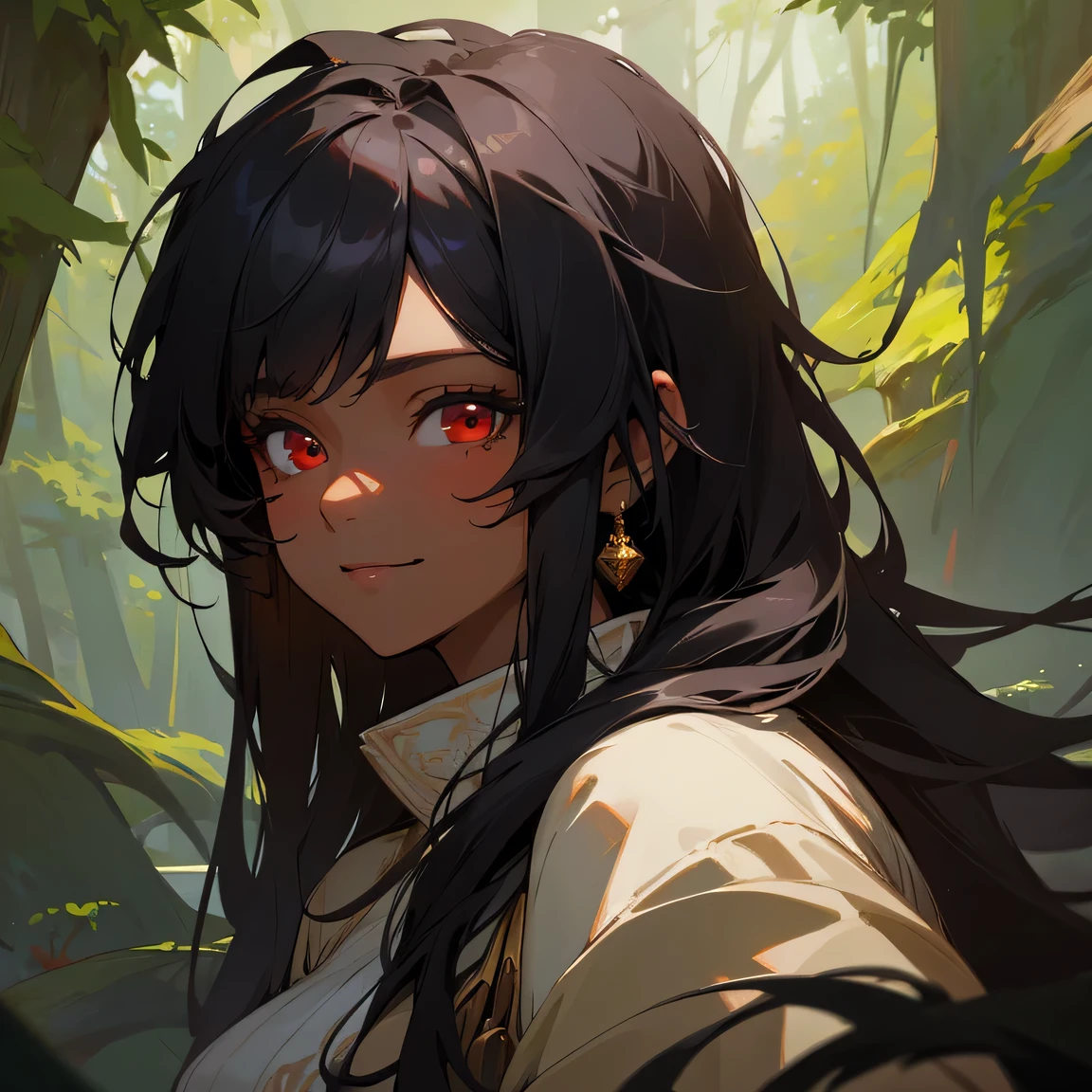 (masterpiece), (best quality), 1female , messy black hair , long hair , dark skin , red eyes , looking into distance , fantasy forest background, casual clothes, detailed face , smile , beautiful face, perfect face, extra detailed face, highly detailed