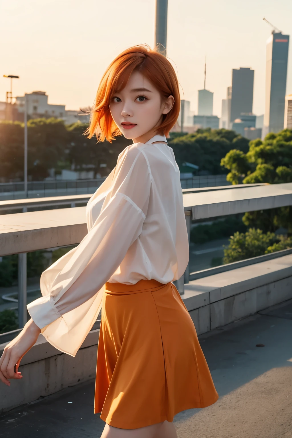 whole body、Friendly faces、1 pretty girl、blouse、skirt、pedestrian bridge、skyscraper、sunset、complex background、detailed hair、light orange hair、dim lighting、short hair length、There is movement