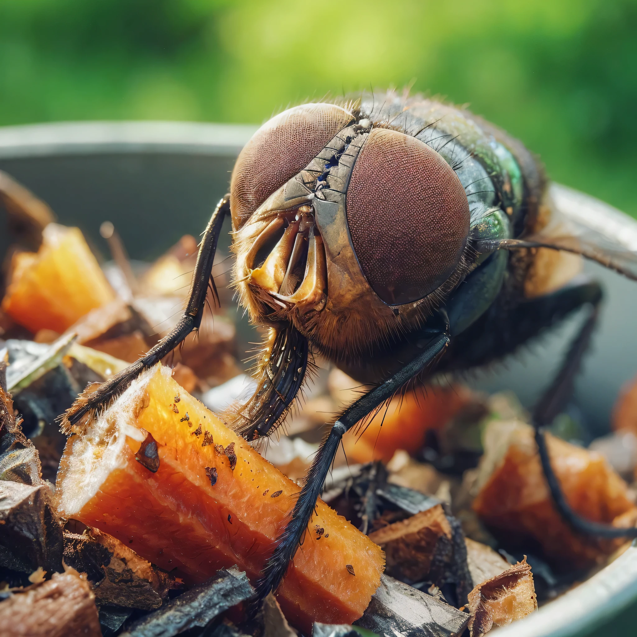 ultra high definision realistic, the image captures a flies in the trash. The image was taken from a very close, so the greenery background looks blurred. very detailed photo, zoom 14K.