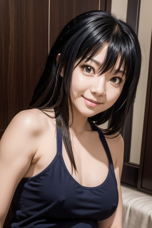 seductive smile, masterpiece, mieruko, miko yotsuya, wearing black tanktop, armpits, armpits visible, dark blue hair, yellow eyes, nipple hard, nipple slip