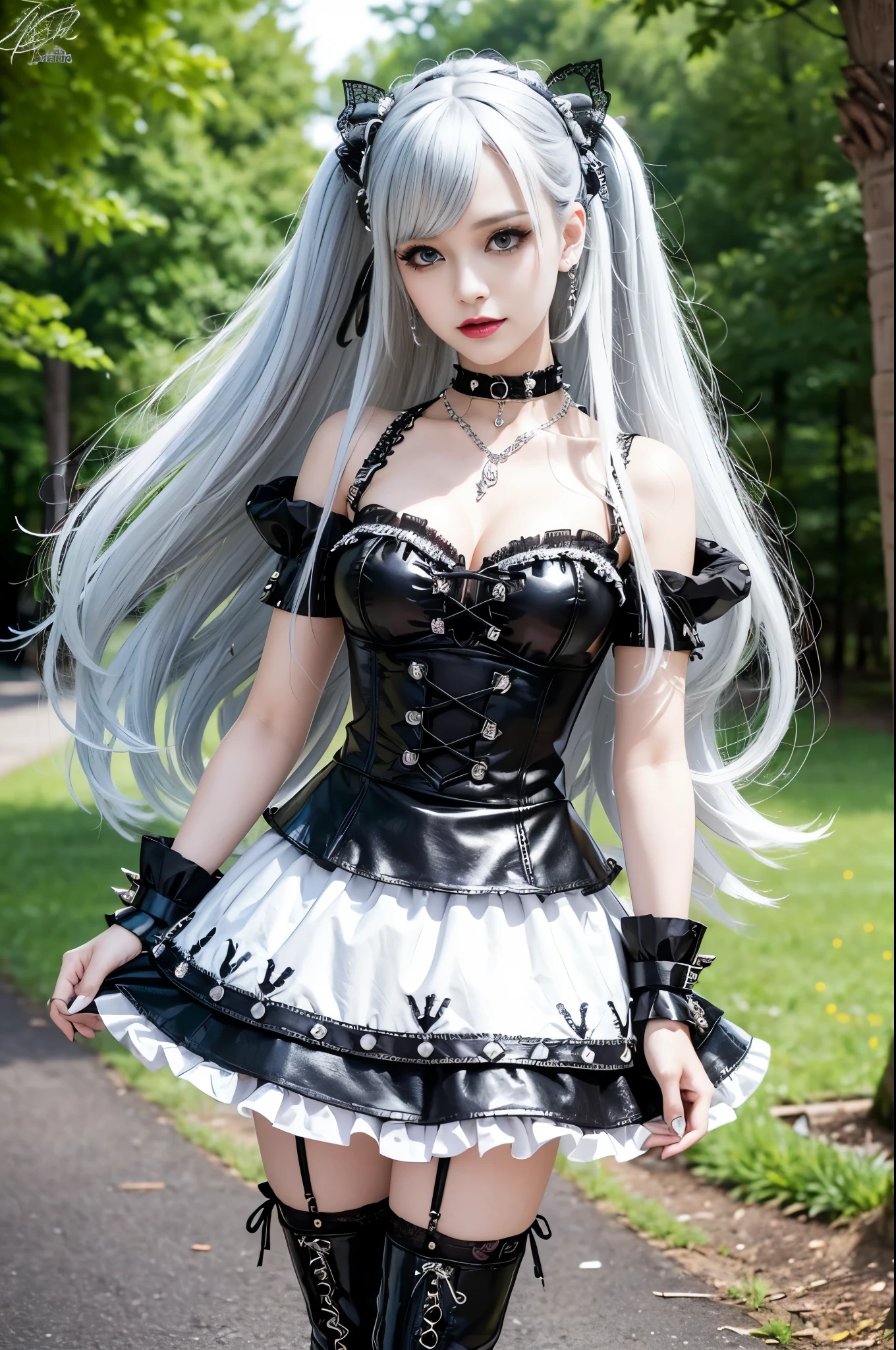sexy German female model, only 1 female, ((doll-like appearance)), long colorful stylish hair, ((shiny Punk-Style boots)), (big smile), ultra detailed eyes, Punk makeup, lipgloss, ((sexy Punk Lolita cosplay)), unconventional skirt, petticoats, high neckline, ((ultra detailed lace)), ((ultra detailed embroidery)), intricate details, tartan patterns, (silver chains), (silver spikes), (safety pins), Punk Lolita accessoires, Punk Lolita choker, ((large sparkling Punk Lolita jewelry)), cinematic light, detailed large park background with trees