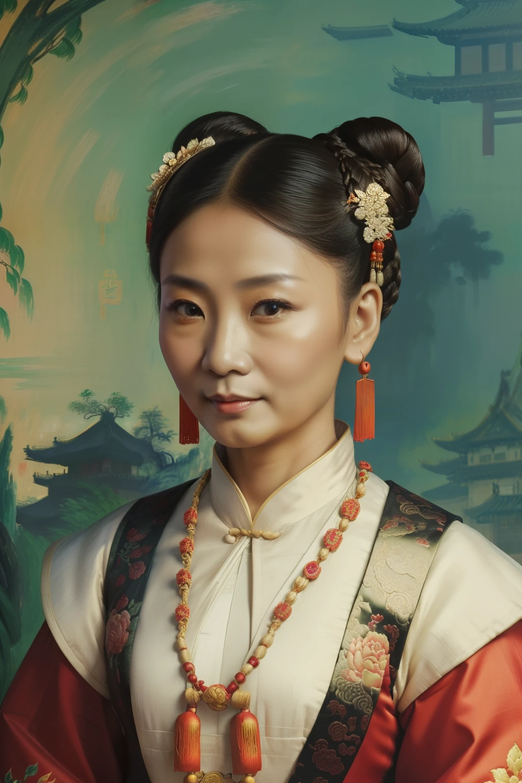 China, 1510. An old ((((49-year-old)) Tan Yunxian)), in a festival, ((((chinese clothings from the 1510s)))), ((bun hairstyle of the 1510s)), ((colorful, Monet))