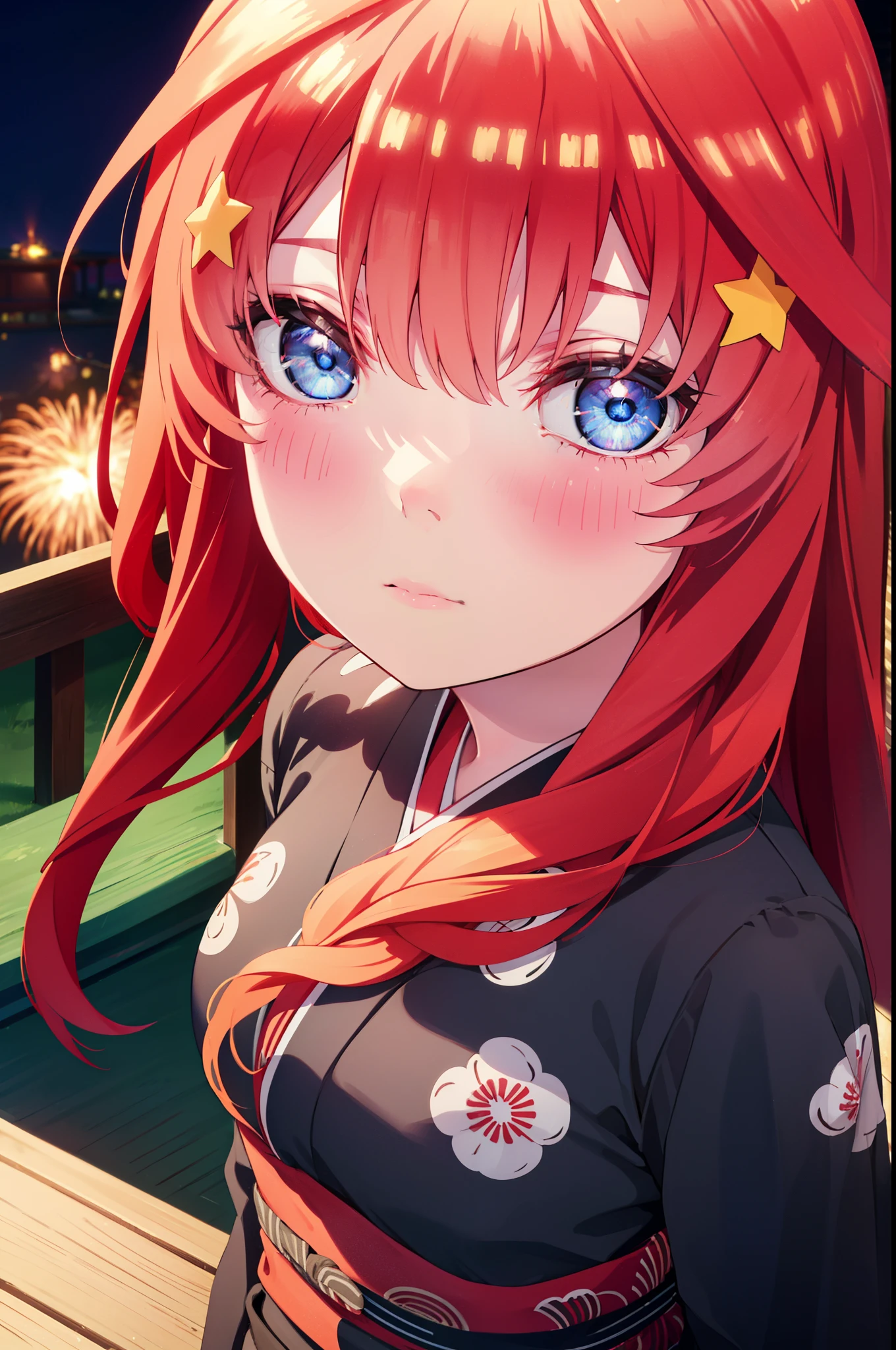 itsukinakano, Itsuki Nakano, bangs, blue eyes, Hair between the eyes, Ahoge, Redhead, star \(symbol\), hair ornaments, star hair ornaments,Red Kimono,Long sleeve,Sandals,night空の花火,Fireworks display,Japanese Festivals,Summer festival food stalls,Red Lantern, night,whole bodyがイラストに入るように,Looking down from above,He is holding cotton candy in his right hand,
break outdoors, shrine,                                              break looking at viewer,whole body,(Cowboy Shot:1. 5)
break (masterpiece:1.2), highest quality, High resolution, unity 8k wallpaper, (shape:0.8), (Beautiful and beautiful eyes:1.6), Highly detailed face, Perfect lighting, Highly detailed CG, (Perfect hands, Perfect Anatomy),