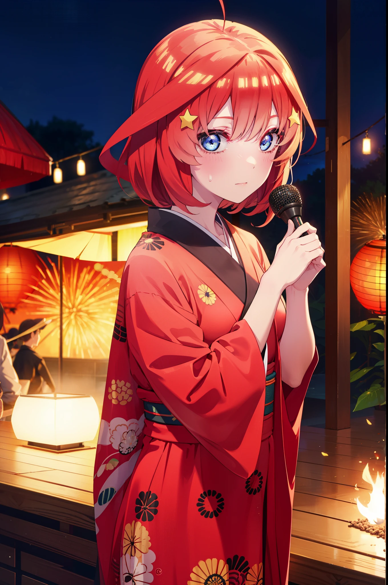 itsukinakano, Itsuki Nakano, bangs, blue eyes, Hair between the eyes, Ahoge, Redhead, star \(symbol\), hair ornaments, star hair ornaments,Red Kimono,Long sleeve,Sandals,night空の花火,Fireworks display,Japanese Festivals,Summer festival food stalls,Red Lantern, night,whole bodyがイラストに入るように,Looking down from above,He is holding cotton candy in his right hand,
break outdoors, shrine, break looking at viewer,whole body,(Cowboy Shot:1. 5)
break (masterpiece:1.2), highest quality, High resolution, unity 8k wallpaper, (shape:0.8), (Beautiful and beautiful eyes:1.6), Highly detailed face, Perfect lighting, Highly detailed CG, (Perfect hands, Perfect Anatomy),