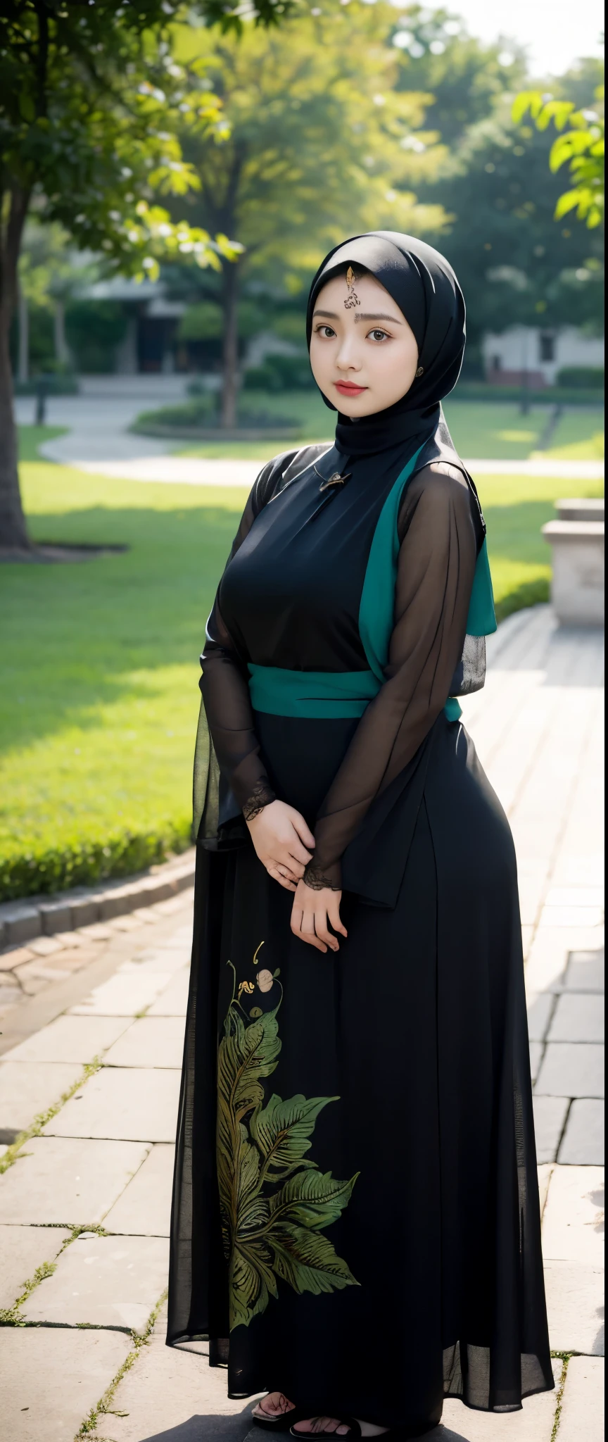 1 chinese-Indonesian girl, modern plain hijab, shy, medium portrait, watery eyes, wearing dark green indonesian Clothes, ((big breasts)), black bokeh background, well-proportioned body,, chubby massive thighs, full body pose, Hena art on the body, hena art the body, full body view,  Hena art on the body, hena art the body , Hena art on the body, hena art the body, Hena art on the body, hena art the body, Hena art on the body, hena art the body
