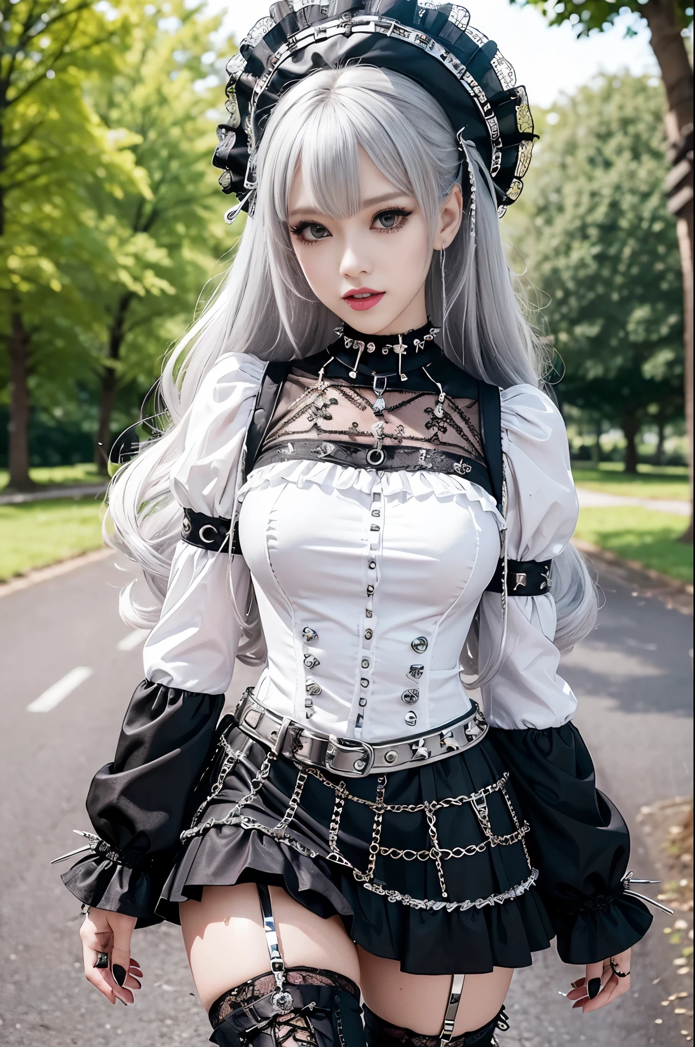 sexy stylish female model, only 1 female, ((doll-like appearance)), long colorful stylish hair, ((shiny Punk-Style boots)), (big smile), ultra detailed eyes, detailed makeup, lipgloss, ((sexy Punk Lolita cosplay)), unconventional skirt, petticoats, high neckline, ((ultra detailed lace)), ((ultra detailed embroidery)), intricate details, tartan patterns, ((silver chains)), ((silver spikes)), ((safety pins)), Punk Lolita accessoires, Punk Lolita choker, ((large sparkling Punk Lolita jewelry)), cinematic light, detailed large park background with trees 