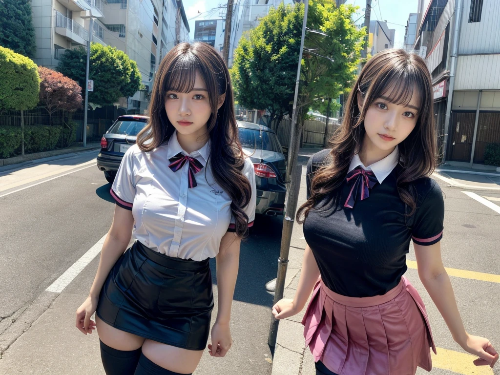 master piece, best quality, illustration, Super detailed, fine details, High resolution, 8K,wall paper, perfect dynamic composition,(Details High quality, realistic depiction of eyes:1.3), standing, short hair, (wavy hair:1.2), (short sleeve collared dress shirt,tight skirt,thighhighs,zettai ryouiki:1.4), black hair color, Big Natural Color Lip, bold sexy pose, crying a little、cold gaze, Harajuku style、acrobatic pose, 20 year old girl、cute type、ta、beautiful legs, gravure idol, Japanese idol, huge breasts