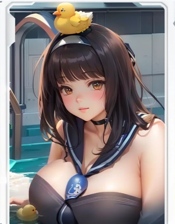 Anime girl with a rubber duck on her head, fine details. Girls&#39; Frontline, From the Azur Lane video game, Azur route style, from Girls&#39; Frontline, fleet collection style, Azur Lane Characters, Deadly, Girls&#39; Frontline style, Girls&#39; Frontline cg, OPPEIN, swimsuit, Shikami, Girls&#39; Frontline, Kantai Collection Arcade