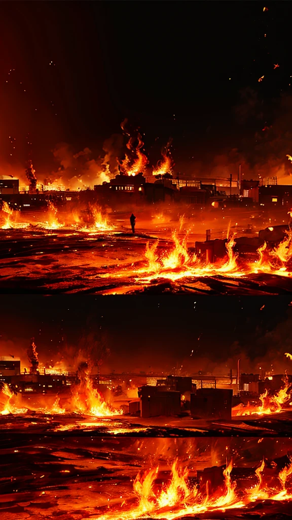 An image shows a refugee camp in Palestine engulfed in intense flames, with roaring fire and thick black smoke rising. Refugees are seen running in panic, their faces reflecting deep fear and sorrow. The dramatic colors and powerful visual effects effectively capture this tragic situation with profound emotion and concern.