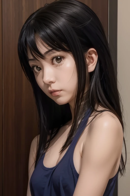 very detail, masterpiece, looking at viewer,mieruko, miko yotsuya, wearing black tanktop, armpits, armpits visible, dark blue hair, yellow eyes, nipple hard, nipple slip