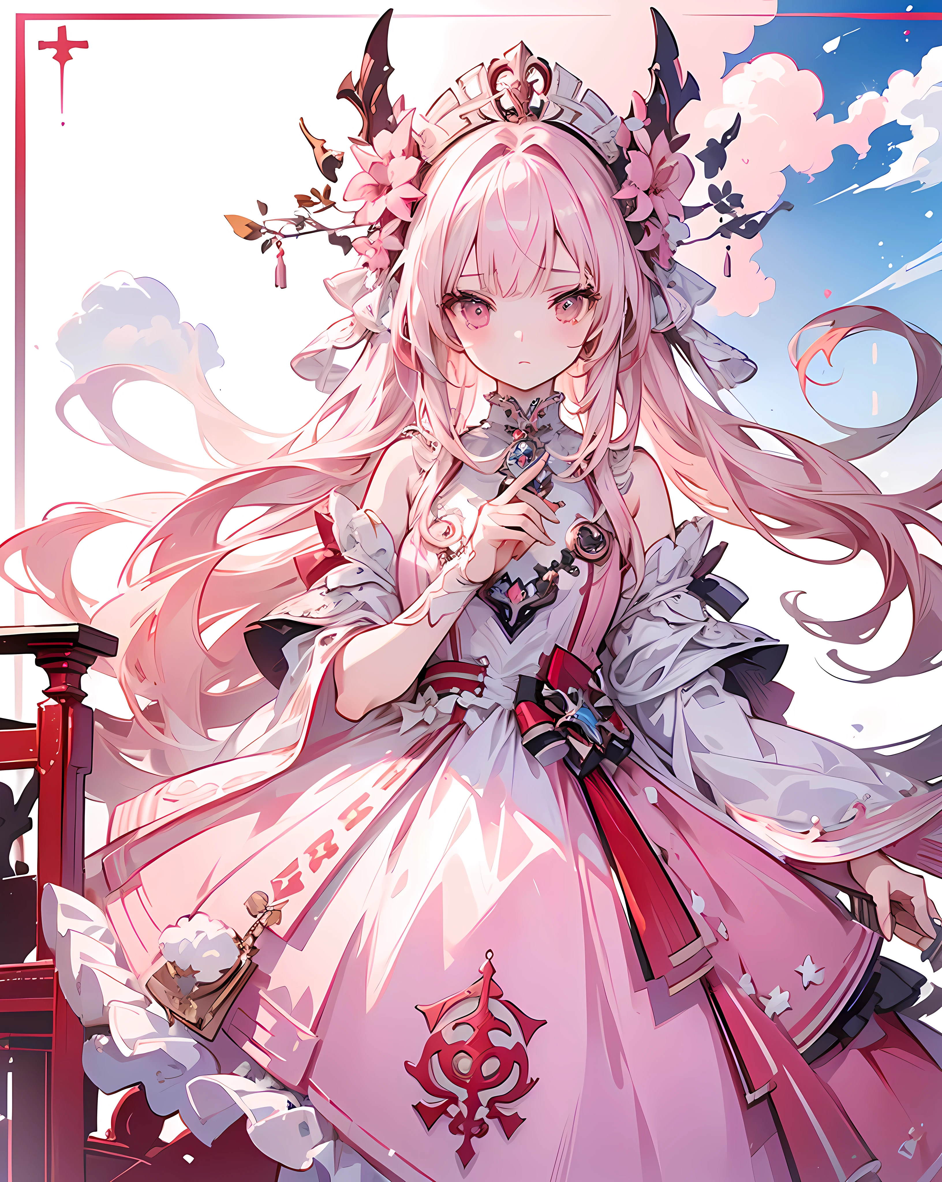 ((masterpiece)), ((high detail)), 1girl, ((ultra-detailed)),((delicate face)), Beautiful detailed eyes, (White blonde hair in gradations with red highlights,gradient hair),long hair, floating hair, ,hairs between eyes, GSHead,1girl ,solo,red eyes,genshin_impact,look at the viewer, ((white background)), (Tarot cards border, outside border), ,Wide Angle shot, strong light and shadow, cinematographic lens,((Floating and flying in the sky,with cotton-like clouds)),((pink cloud surround)) ,