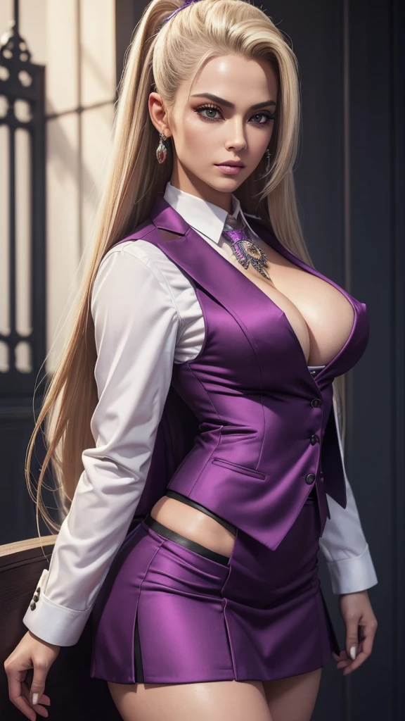 (masterpiece:1.2),(best quality:1.2), (extremely detailed:1.3),(extremely detailed face),(photorealistic:1.2),(ultra detailed),(intricate details),(8k),(detailed eyes),(sharp focus),(big breasts:1.0),(perfect breasts:1.5),(muscular body:0.5),(full body shot:1.0), 1 woman, SFW, perfect lighting, Blond hair, Sindel's Hair, long hair pulled back, Long, straight hair back, multicolored hair, Sindel,perfect hands,((obra-prima)), red skirt suit, ((suit jacket)), open jacket, ((waistcoat)), bodycon miniskirt, tights, pocket square, microvestido, cleavage.