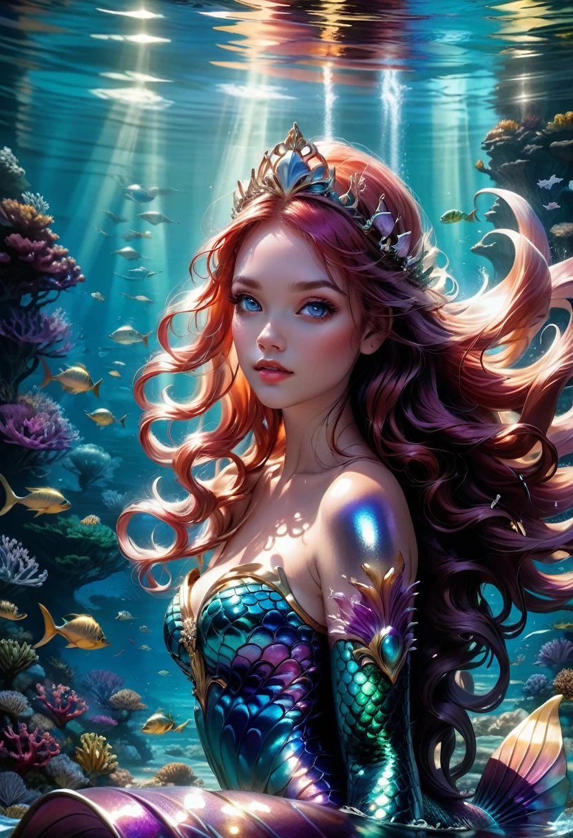 Mermaid Princess, macro mermaid princess swimming in the ocean; Epic cinematic brilliant stunning intricate meticulously detailed dramatic atmospheric maximalist digital matte painting Mark Brooks and Dan Mumford, comic book art, perfect, smooth oil painting by James Gurney trending on Artstation Unreal Engine 5 3D shading shadow depth volumetric lighting