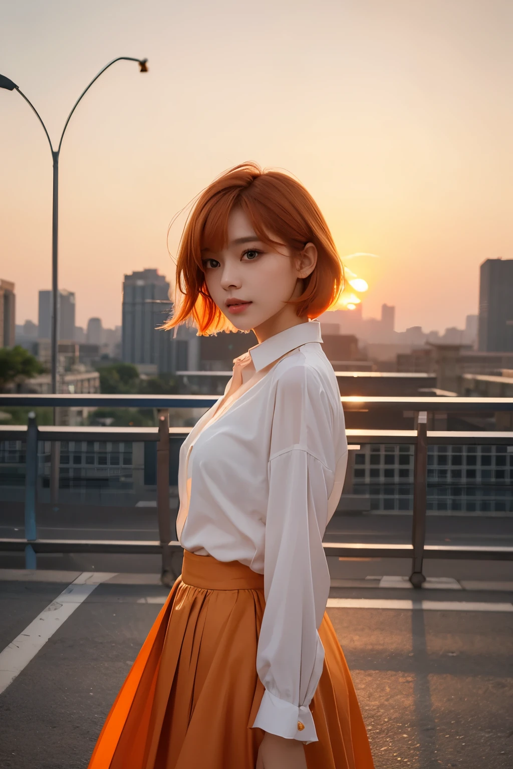 whole body、Friendly faces、1 pretty girl、blouse、skirt、pedestrian bridge、skyscraper、sunset、complex background、detailed hair、light orange hair、dim lighting、short hair length、There is movement