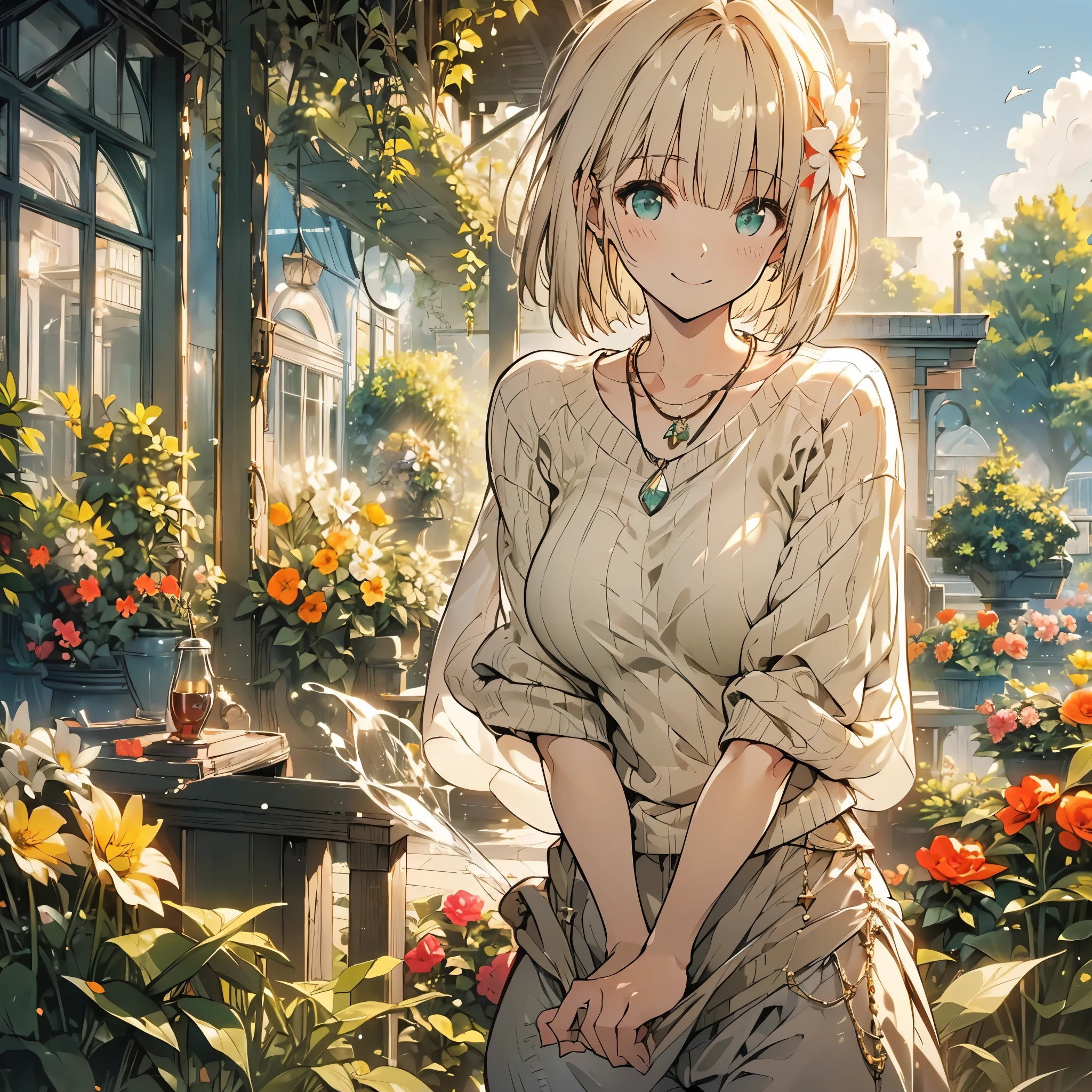 ((Fantasy　Beige Hair　Short Bob　White knit　Green Necklace　Large Breasts))　((Flower Garden　Bathed in light　Splash　sun　Peaceful scenery))　(smile　Flowing hair　Open your eyes a little)　Denim pants　Small Bag　Stylish　Beauty