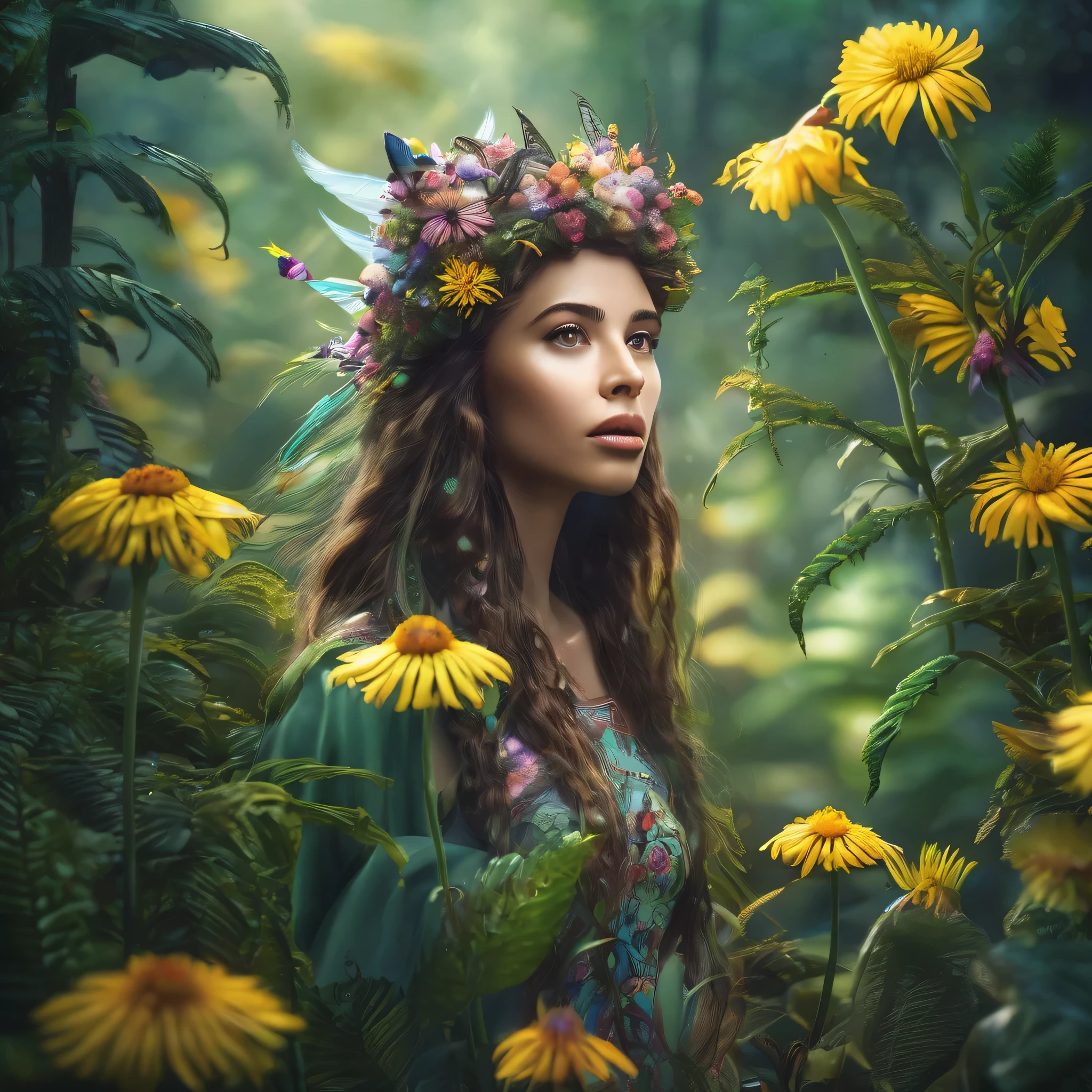 Mythical creature in the forest, flor fada goggo foto, foto realista, zoom em goggo em flor, olhos encantadores, boca pequena, nariz pontiagudo, queixo afiado, appearance resembles one and has shoulder-length hair, Living in flowers and sowing sweet fragrance is your job, super detalhado, 8k, qualidade superior