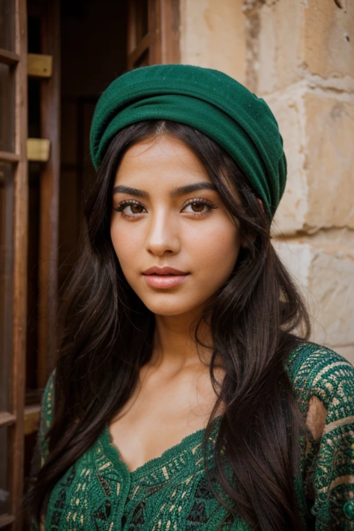 Create me a face of a beautiful Moroccan with green brown eyes black hair fine face full lips