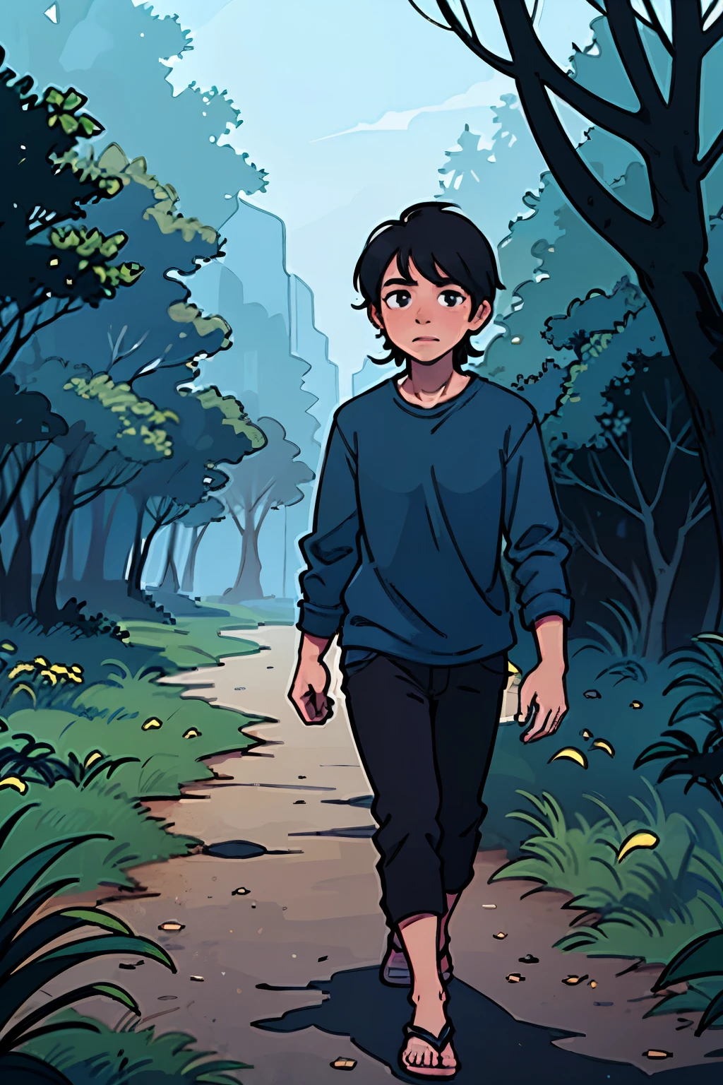 A wandering black haired man dressed in blue shirt with black pants, and sandals. He's wandering alone in the forest with no one around