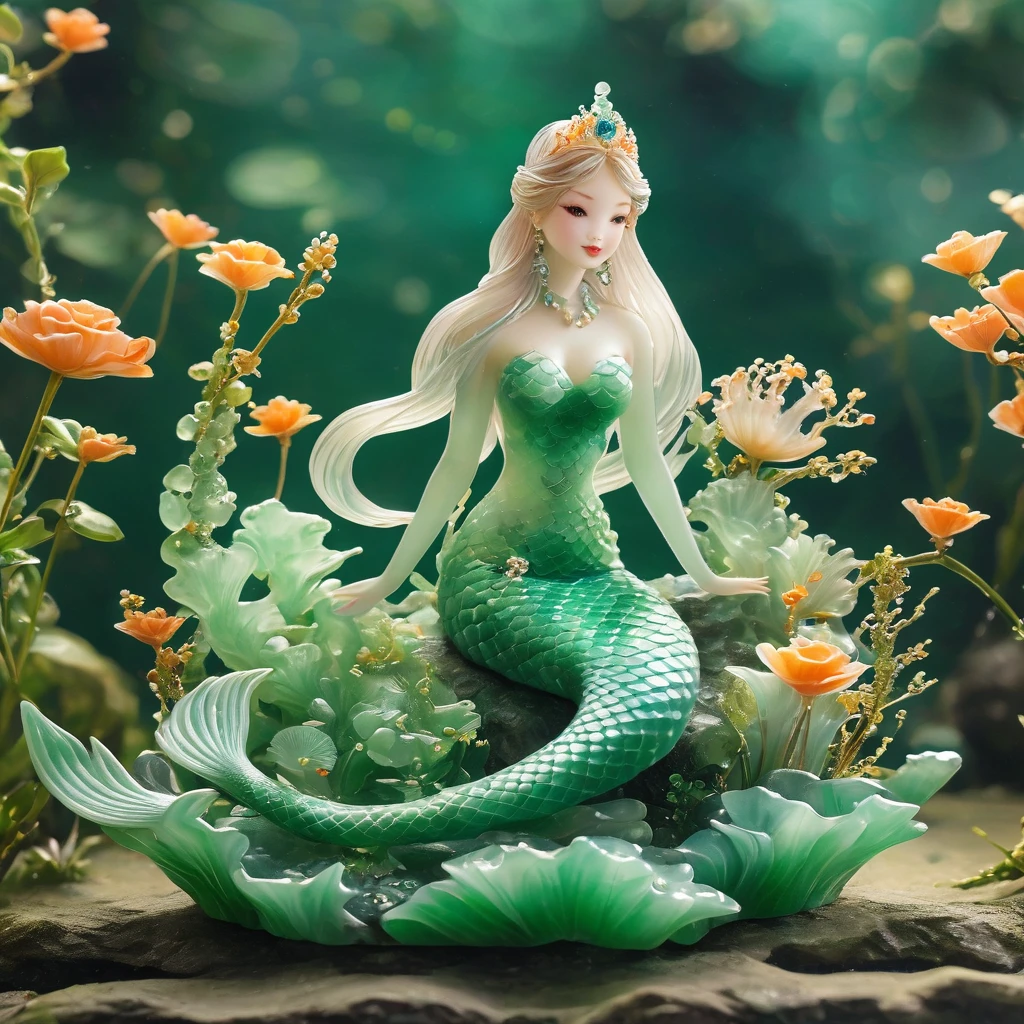best quality, very good, 16K, ridiculous, Extremely detailed, Lovely(((Mermaid Princess:1.3))),Made of translucent jadeite, Background grassland((A masterpiece full of fantasy elements))), ((best quality)), ((Intricate details))(8k)