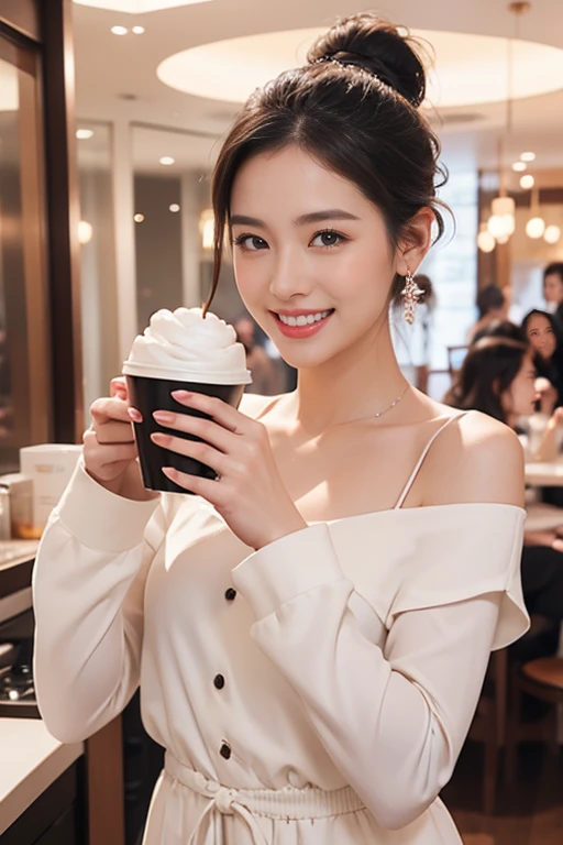 highest quality、4K、Perfect Face、Perfect Style、Sunburn、beautiful、stylish appeal、Mature、chignon、Swept-back hair、in America 、full body, giddy smile、having a coffee 、 pierce、