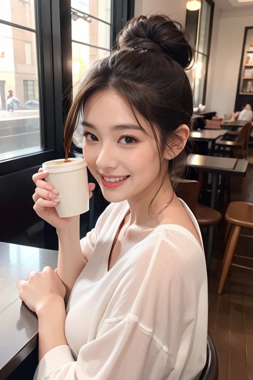 highest quality、4K、Perfect Face、Perfect Style、Sunburn、beautiful、stylish appeal、Mature、chignon、Swept-back hair、in America 、full body, giddy smile、having a coffee 、 pierce、
